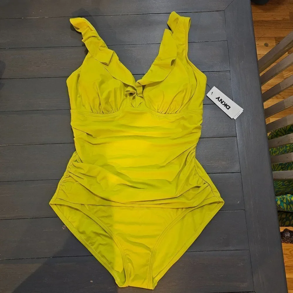 DKNY Women's Bright Yellow Ruffle Detail underwire One-Piece Swimsuit Size Large - Picture 5 of 14
